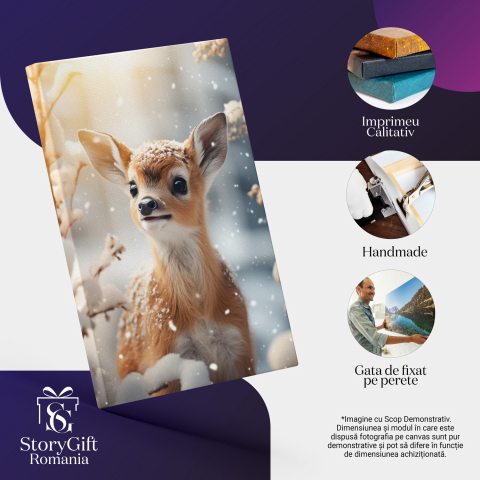 Pui de Căprioară Drăguț Contemplând Ramurile Înzăpezite ale unui Copac - Pictură Digitală, Marime 40x25CM [1]