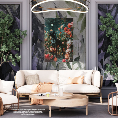 Tablou Canvas:  Rasă de Câine, Brac Negru în Cadru cu Flori Multicolore- Animale de Companie Pictura Digitala 40x25CM [1]