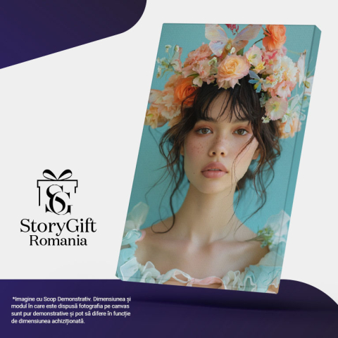 Tablou Canvas Răsăritul Emoțiilor în Personajul Fetei cu Flori pe Cap Naturalețe cu Pistrui , Pictura Digitala 40x25CM [4]