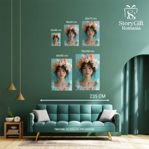 Tablou Canvas Răsăritul Emoțiilor în Personajul Fetei cu Flori pe Cap Naturalețe cu Pistrui , Pictura Digitala 40x25CM [3]