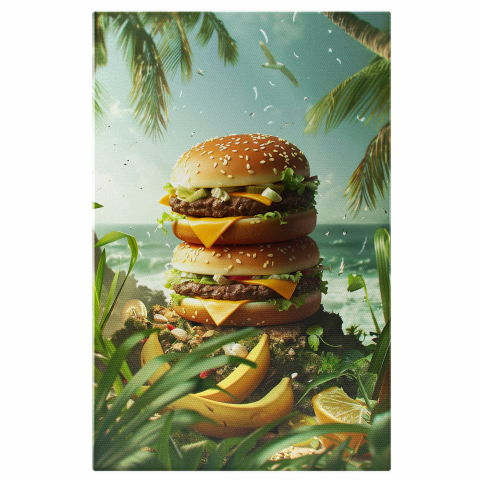 Mâncare - Răsfățul pe Nisip - Tablou Canvas cu McDonald's și Valurile Mării, Marime 40x25CM