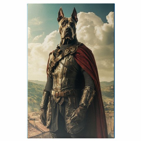 Războinici -  Tablou Canvas Personalizat Cavaler Regal Cu Armură Și Căpă Roșie Deasupra SatuluiMarime 40x25CM