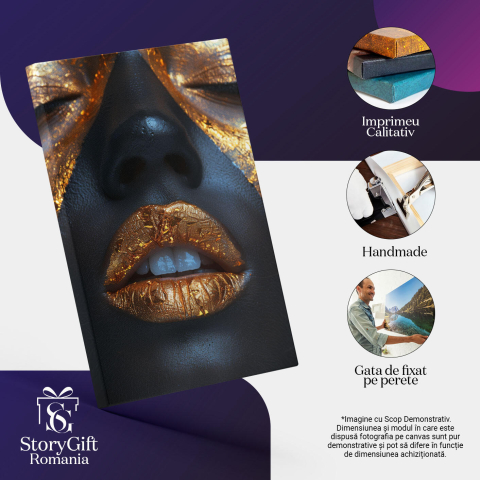 Tablou Canvas Reflexiile Seducției Ochi Închiși și Buze Aurii Efect Strălucitor Glam , Pictura Digitala 40x25CM [2]