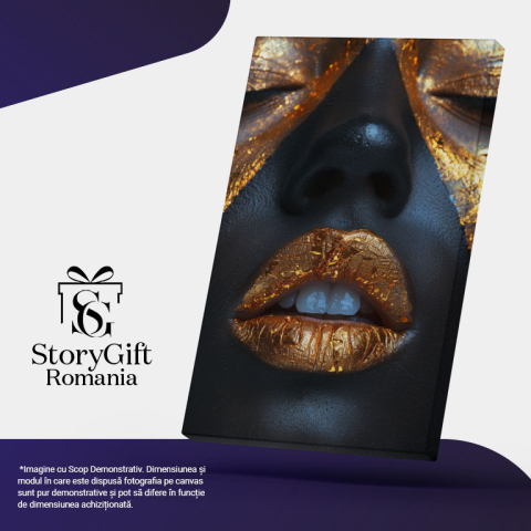 Tablou Canvas Reflexiile Seducției Ochi Închiși și Buze Aurii Efect Strălucitor Glam , Pictura Digitala 40x25CM [4]