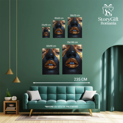 Tablou Canvas Reflexiile Seducției Ochi Închiși și Buze Aurii Efect Strălucitor Glam , Pictura Digitala 40x25CM [3]