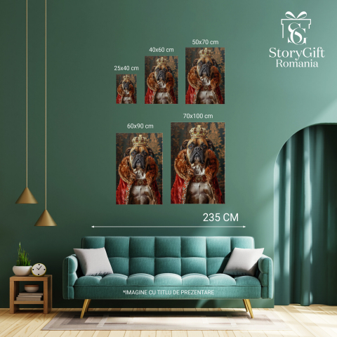 Tablou Canvas Boxer Francez Regal în Straie de Fanfaron cu Coroană, Marime 100x70CM [3]