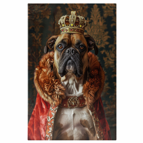 Câini - Tablou Canvas Boxer Francez Regal în Straie de Fanfaron cu Coroană, Marime 40x25CM