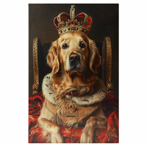 Câini - Tablou Canvas Regalitate cu Lăbuțe - Câine Golden Retriever Tolănit pe Capa Roșie, Marime 40x25CM
