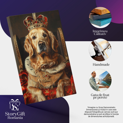Tablou Canvas Regalitate cu Lăbuțe - Câine Golden Retriever Tolănit pe Capa Roșie, Marime 40x25CM [1]