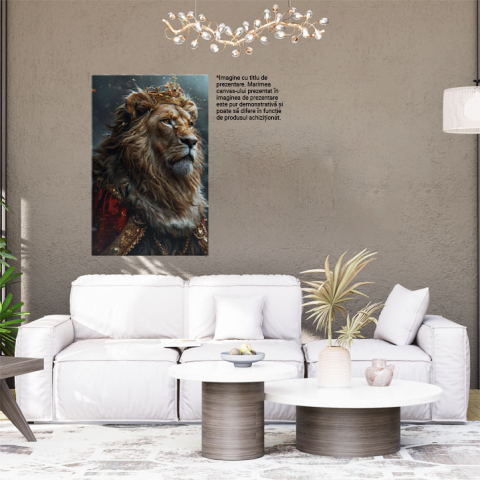 Tablou Canvas  Regele Incoronat Leu cu Manta Rosie cu Margini Aurii si Coroana pe Cap cu o Coama Mare , Pictura Digitala 40x25CM [1]