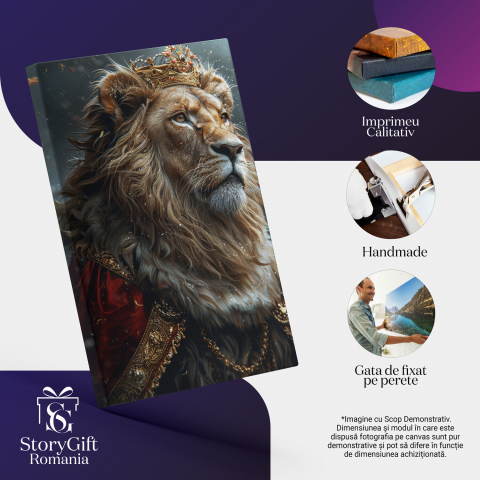 Tablou Canvas Regele Leu Încununat cu Manta Roșie și Coroană | Pictură Digitală, Marime 40x25CM [1]