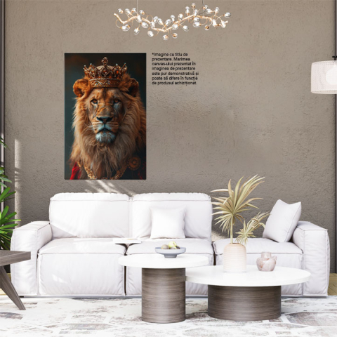Tablou Canvas Regele Savanei Leul Veghind Peste Teritoriul Său Întins în Mantou Regal și Coroană , Pictura Digitala 40x25CM [1]