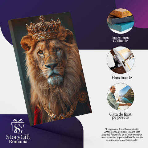 Tablou Canvas Regele Savanei Leul Veghind Peste Teritoriul Său Întins în Mantou Regal și Coroană , Pictura Digitala 40x25CM [2]