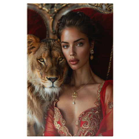 Portret - Tablou Canvas  Regina Frumusetii cu Parul Saten si Cercei cu Lant in Rochie Decoltata Rosie pe Tron cu Leoaica , Pictura Digitala 40x25CM