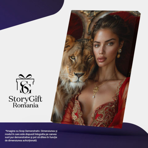 Tablou Canvas  Regina Frumusetii cu Parul Saten si Cercei cu Lant in Rochie Decoltata Rosie pe Tron cu Leoaica , Pictura Digitala 40x25CM [4]