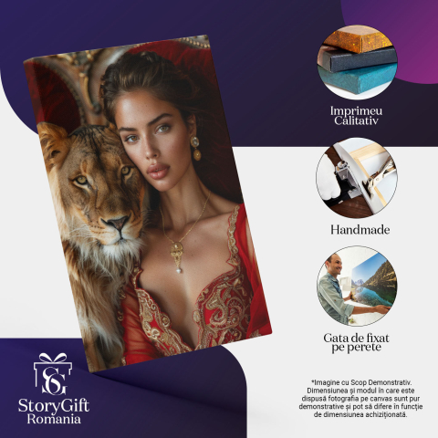 Tablou Canvas  Regina Frumusetii cu Parul Saten si Cercei cu Lant in Rochie Decoltata Rosie pe Tron cu Leoaica , Pictura Digitala 40x25CM [2]