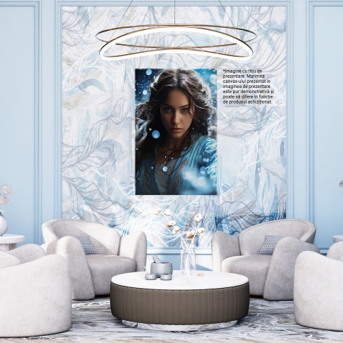 Tablou Canvas:  Regina Iernii Figura Feminina printre Fulgi de Zapada in Rochie Albastra si Privire Inghetata Pictura Digitala 40x25CM [3]