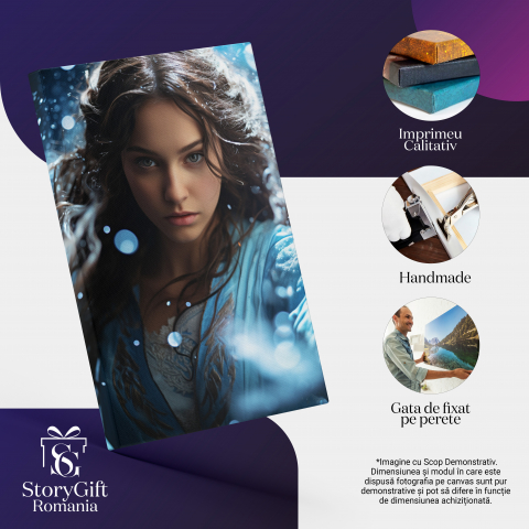 Tablou Canvas:  Regina Iernii Figura Feminina printre Fulgi de Zapada in Rochie Albastra si Privire Inghetata Pictura Digitala 40x25CM [1]