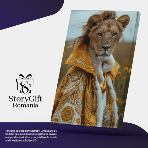 Tablou Canvas Regina Leoaică în Veșminte Regale Aurii și Coadă Măreață Privire în Câmp , Pictura Digitala 40x25CM [4]