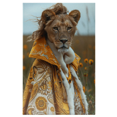 Animale - Tablou Canvas Regina Leoaică în Veșminte Regale Aurii și Coadă Măreață Privire în Câmp , Pictura Digitala 40x25CM