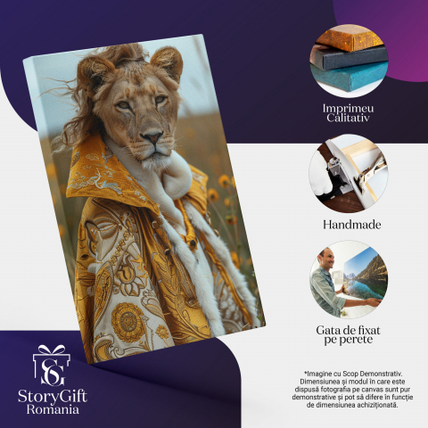 Regina Leoaică - Tablou Canvas cu Vesminte Regale Aurii și Coada Măreață, Marime 40x25CM [1]