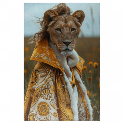 Regina Leoaică - Tablou Canvas cu Vesminte Regale Aurii și Coada Măreață, Marime 40x25CM