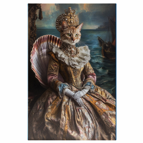 Regal -  Tablou Canvas Personalizat Regina Pe Tron Scoică Cu Rochie Galbenă Și Coliere De PerleMarime 40x25CM