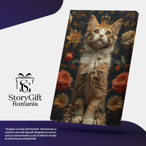 Tablou Canvas  Regina Pisica cu Coroana pe Cap Incercuita de Flori cu Ochii Atenti si Blana Pufoasa Alb-Maronie , Pictura Digitala 40x25CM [4]