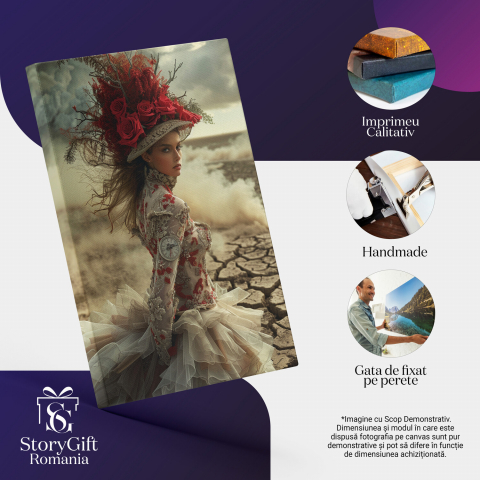 Regina Valurilor de Piatră - Pictură Digitală cu Femeie Îmbrăcată Opulent cu Pălărie cu Trandafiri, Marime 40x25CM [1]