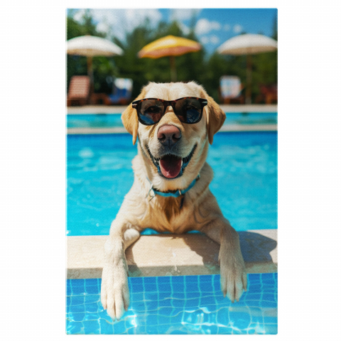 Câini - Tablou Canvas Labrador Retriever Relaxând la Piscină cu Ochelari de Soare | Pictură Digitală Fancy, Marime 40x25CM
