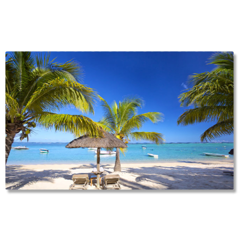 Plajă - Tablou Canvas: Relaxare pe Plaja Mauritius - Paradis si Liniste Sub Umbrela 40x25CM