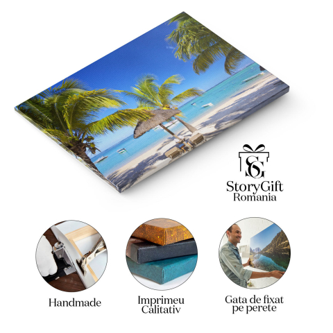 Tablou Canvas: Relaxare pe Plaja Mauritius - Paradis si Liniste Sub Umbrela 40x25CM [1]