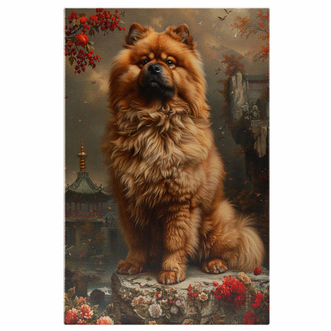 Câini - Tablou Canvas - Remy, Cățelușul Pufos în Orașul Chinezesc Între Florile Acoperite de Ceată, Marime 40x25CM