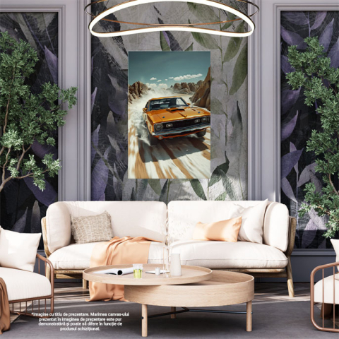 Tablou Canvas  Retro Car, Masina Galben-Mustar Merge pe un Drum de Munte cu Cerul Innorat, Passion for Retro Car , Pictura Digitala 40x25CM [1]