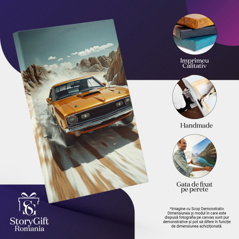 Tablou Canvas  Retro Car, Masina Galben-Mustar Merge pe un Drum de Munte cu Cerul Innorat, Passion for Retro Car , Pictura Digitala 40x25CM [2]