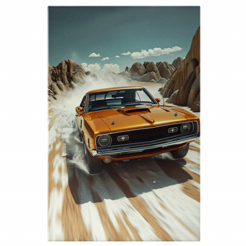 Tablou Canvas Mașină Retro Galben-Mustar pe Drum de Munte, Marime 40x25CM