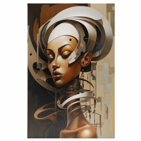 Robot Feminin cu Buzele Mari și Ochii Închiși, Împrejmuit de Cercuri Albe - Pictură Digitală, Marime 40x25CM