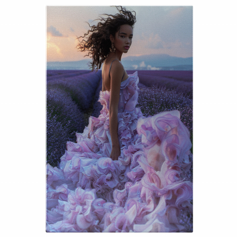 Modă - Rochia Mov a Fetei ce Continuă Peisajul Lavandei - Pictură Digitală cu Nuante de Mov, Marime 40x25CM
