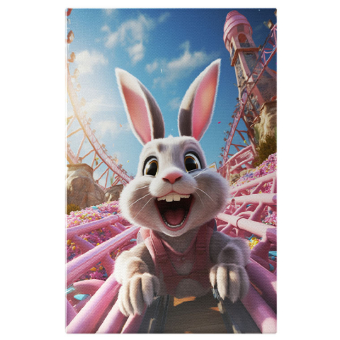 Personaje Desene Animate - Tablou Canvas:  Roller Coaster Roz cu Flori Imprejur, Iepure Bucuros de Distractie cu Gura Larg Deschisa Pictura Digitala 40x25CM