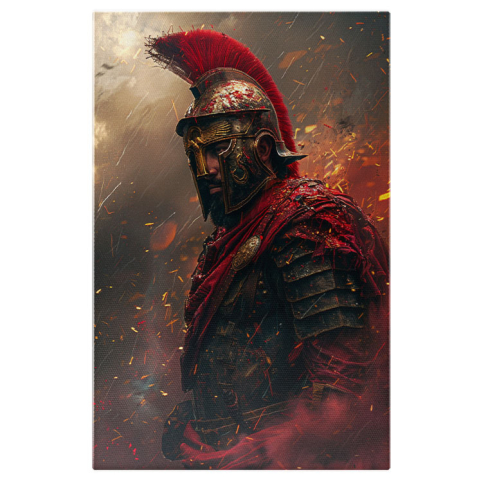 Portret - Tablou Canvas Romanul Războinic Cuprins de Flăcări și Fum Iese Triumfător din Luptă , Pictura Digitala 40x25CM