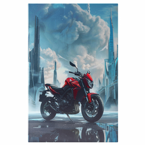 Motocicletă Roșie pe Drum cu Clădiri Înalte - Tablou Canvas, Marime 40x25CM