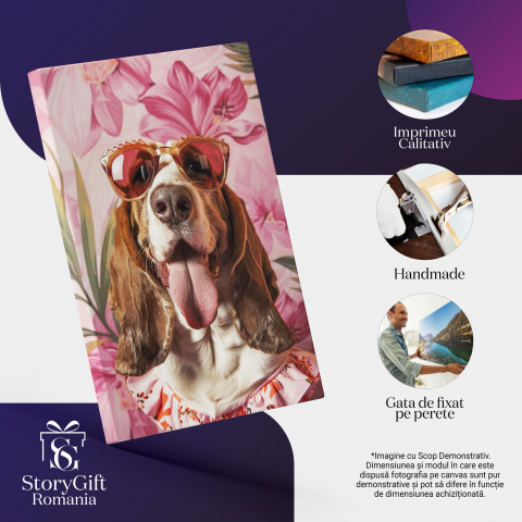 Tablou Canvas Câine Basset Hound Roz cu Ochelari de Soare Glam în Ținută cu Floricele, Marime 40x25CM [1]