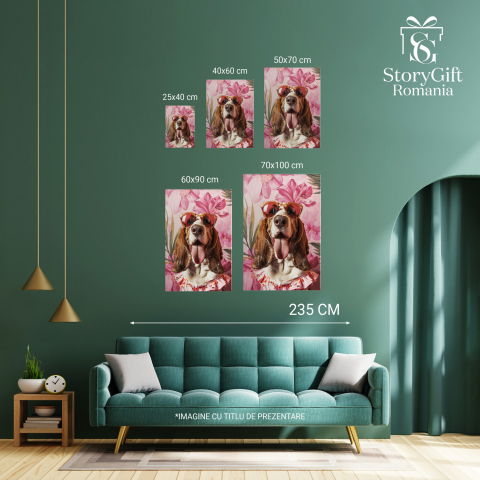 Tablou Canvas Câine Basset Hound Roz cu Ochelari de Soare Glam în Ținută cu Floricele, Marime 40x25CM [3]