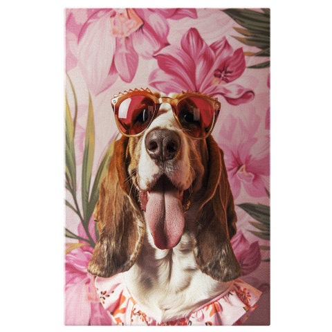 Câini - Tablou Canvas Câine Basset Hound Roz cu Ochelari de Soare Glam în Ținută cu Floricele, Marime 40x25CM