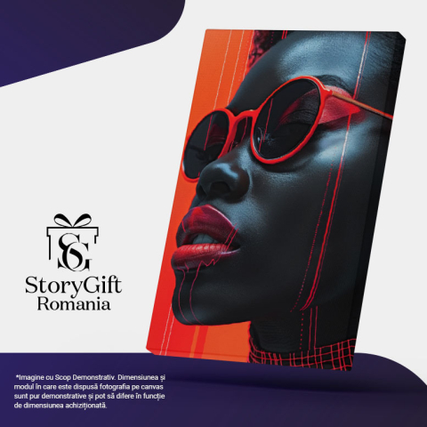 Tablou Canvas Ruj roșu vibrant pe tenul închis al unei femei - Dungi roșu neon pe un chip sclipitor , Pictura Digitala 40x25CM [4]