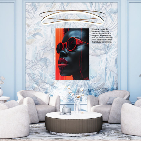 Tablou Canvas Ruj roșu vibrant pe tenul închis al unei femei - Dungi roșu neon pe un chip sclipitor , Pictura Digitala 40x25CM [1]