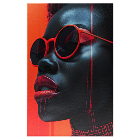 Abstract - Tablou Canvas Ruj roșu vibrant pe tenul închis al unei femei - Dungi roșu neon pe un chip sclipitor , Pictura Digitala 40x25CM