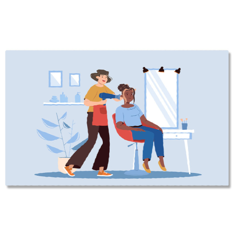 Meserii - Tablou Canvas Salonul Albastru o Coafeza cu Parul Scurt cu un Feon in Mana si un Sort Rosu si Clienta cu Suvite 40x25CM