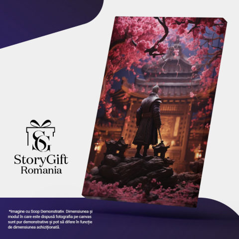 Tablou Canvas:  Samurai Batran cu Parul Carunt intr-un Oras Japonez Incercuit de Multe Flori Roz  Pictura Digitala 40x25CM [4]