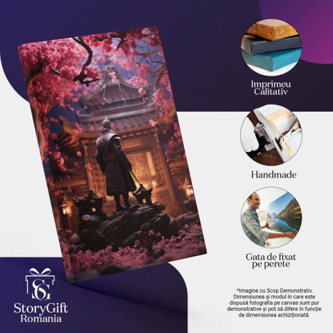 Tablou Canvas:  Samurai Batran cu Parul Carunt intr-un Oras Japonez Incercuit de Multe Flori Roz  Pictura Digitala 40x25CM [2]